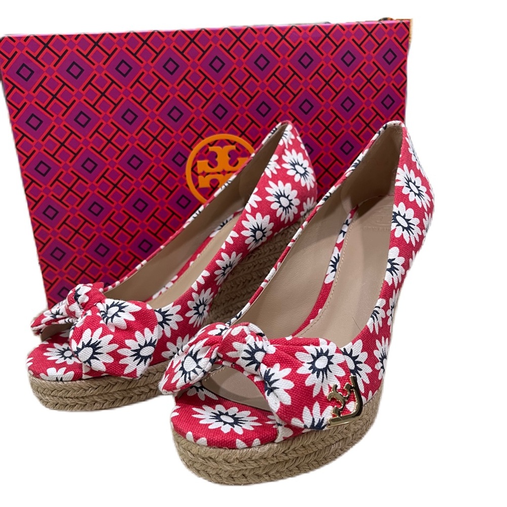 Tory Burch Dory Nantucket Red Navy Sea White Primrose Peep Toe Espadrille Wedges